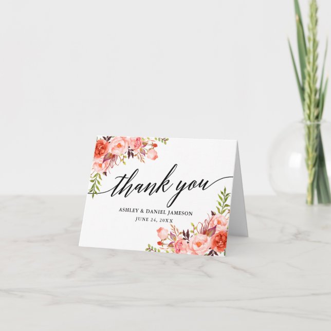 Carte De Remerciements Calligraphie Coral Floral Mariage Note (Devant)