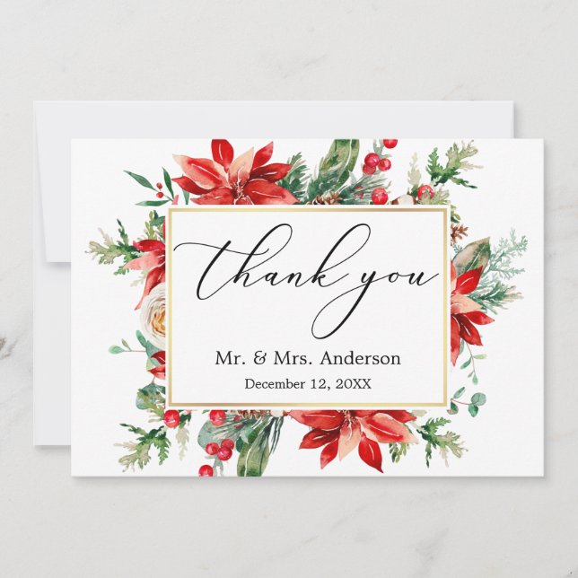 Carte De Remerciements Calligraphie délicate Poinsettia Mariage de verdur (Devant)