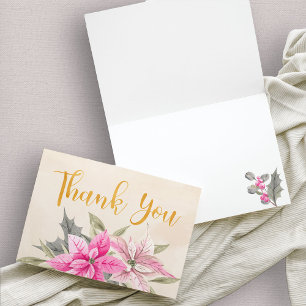 Carte De Remerciements Calligraphie d'or rose poinsettia