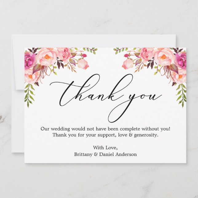 Carte De Remerciements Calligraphie élégante aquarelle florale rose (Devant)