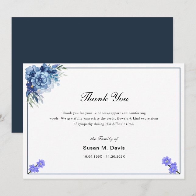 Carte De Remerciements calligraphie élégante bleu floral funérailles (Devant / Derrière)