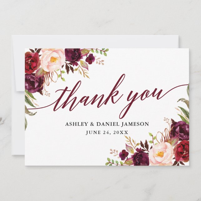 Carte De Remerciements Calligraphie Floral Bourgogne Mariage (Devant)