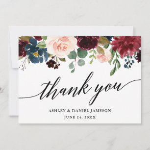 Carte De Remerciements Calligraphie mariage l Bleu Bourgogne Floral