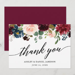 Carte De Remerciements Calligraphie mariage l Burgundy Bleu Floral