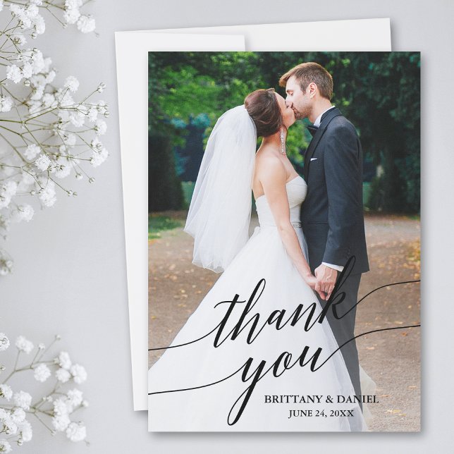 Carte De Remerciements Calligraphie Mariage superposition photo (Customize to add text or more photos to back of card.)