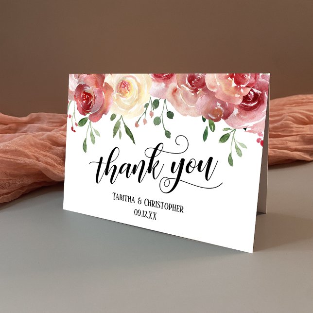 Carte De Remerciements Calligraphie Merci, Bourgogne, Rose Blush (Créateur téléchargé)