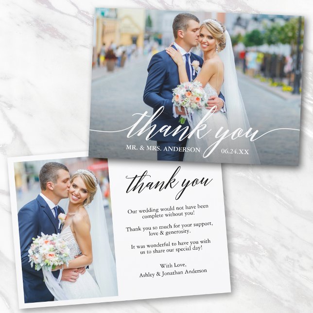Carte De Remerciements Calligraphie moderne 2 Mariage photo Groom mariée (Customize to change your personalized text size or text style.)