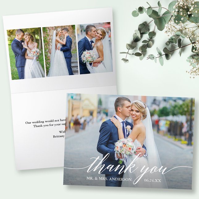 Carte De Remerciements Calligraphie moderne 4 Mariage photo plié (Customize to change your personalized text size or text style.)