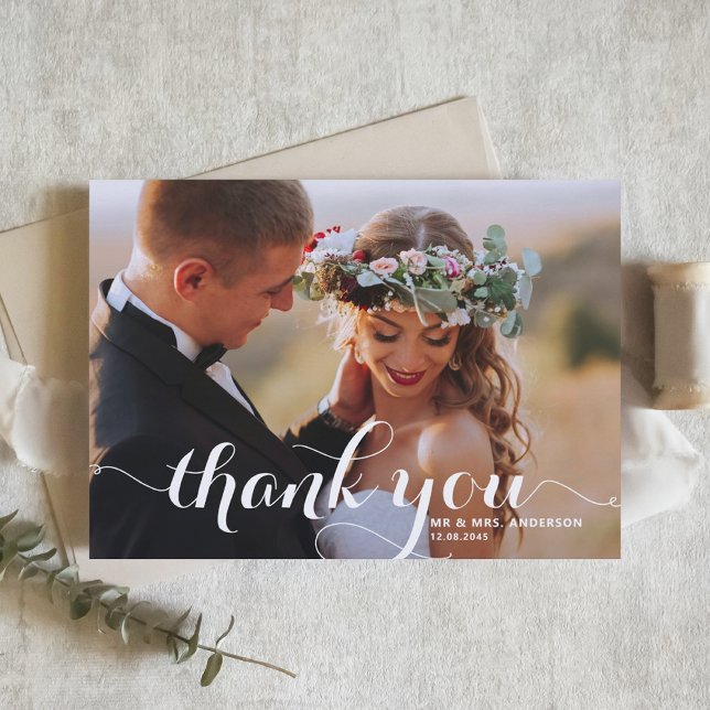 Carte De Remerciements Calligraphie Moderne Blanche Photo Mariage (Créateur téléchargé)