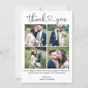 Carte De Remerciements Calligraphie moderne Coeur 4 Photo Collage Mariage