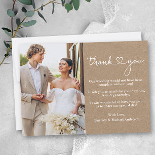 Carte De Remerciements Calligraphie moderne Coeur Mariage Photo Kraft