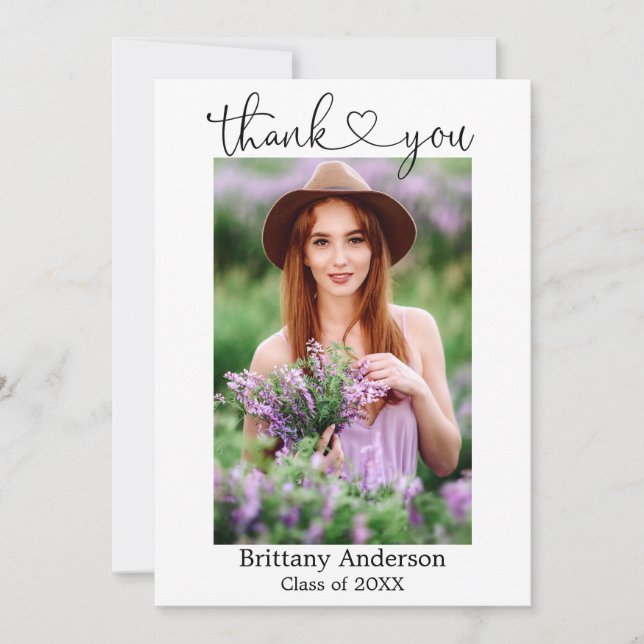 Carte De Remerciements Calligraphie moderne Coeur Photo Graduation (Devant)