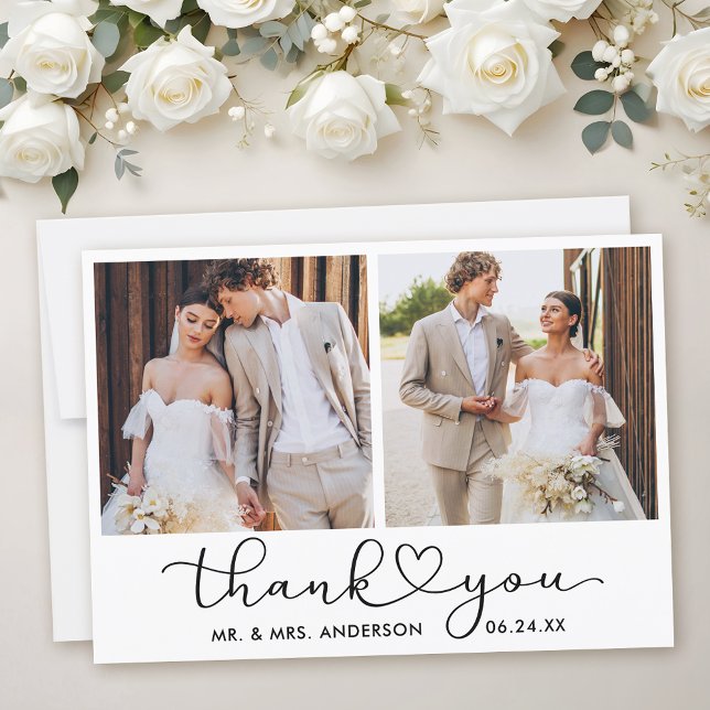 Carte De Remerciements Calligraphie moderne Coeur Script 2 Photos Mariage (Customize to add text to back of card.)