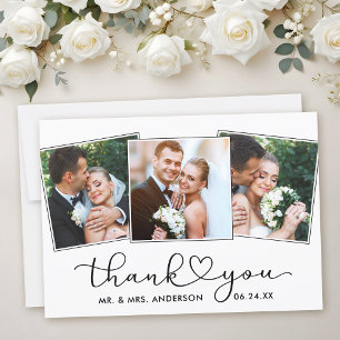 Carte De Remerciements Calligraphie moderne Coeur Script 3 Photos Mariage