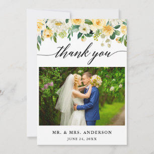 Carte De Remerciements Calligraphie moderne Jaune Floral Mariage Photo