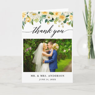 Carte De Remerciements Calligraphie moderne Mariage floral jaune plié