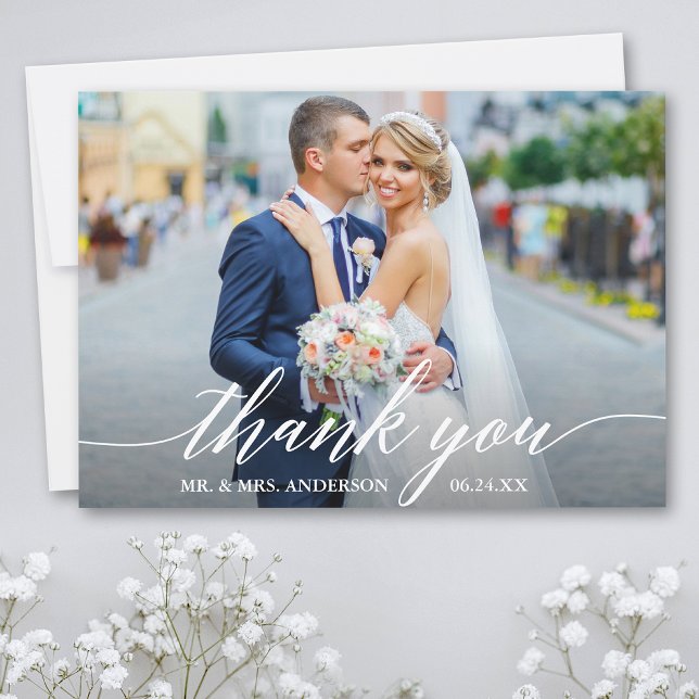 Carte De Remerciements Calligraphie Moderne Mariage Mariée Mari Photo W (Customize to add text or more photos to back of card.)