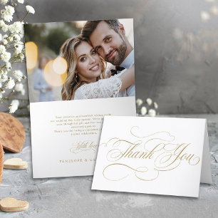 Carte De Remerciements Calligraphie moderne photo mariage d'or intemporel