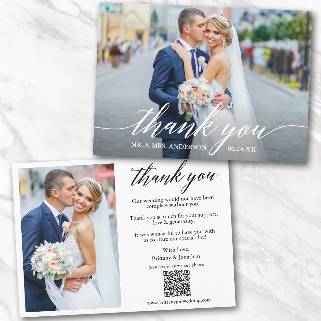 Carte De Remerciements Calligraphie moderne QR Code 2 Mariage photo (Add your wedding website link to the QR Code so guests can scan & view more of your photos online.)