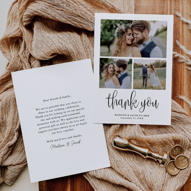 Carte De Remerciements Calligraphie moderne Script Mariage Trois photos (Créateur téléchargé)