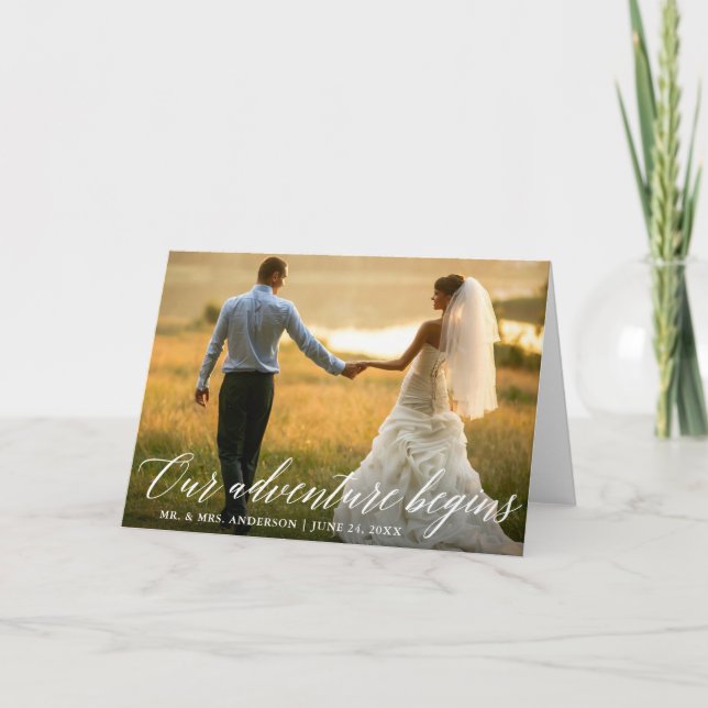 Carte De Remerciements Calligraphie Notre aventure commence Mariage Plier (Devant)