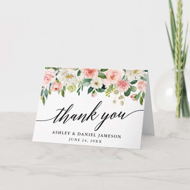 Carte De Remerciements Calligraphie Pink Blush Floral Mariage Pold (Devant)