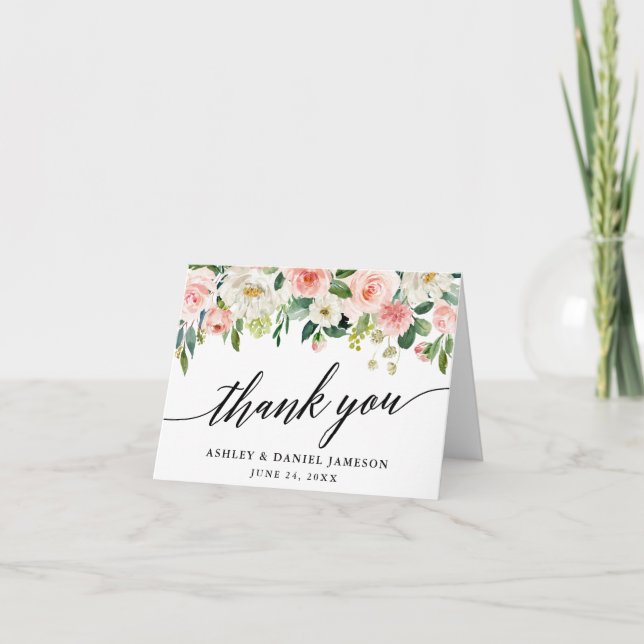 Carte De Remerciements Calligraphie Rose Blush Floral Mariage Note (Devant)