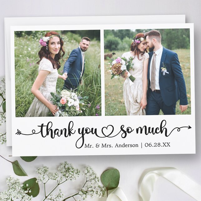 Carte De Remerciements Calligraphy Script Heart 2 Photo Wedding (Customize to change your personalized text size or text style.)