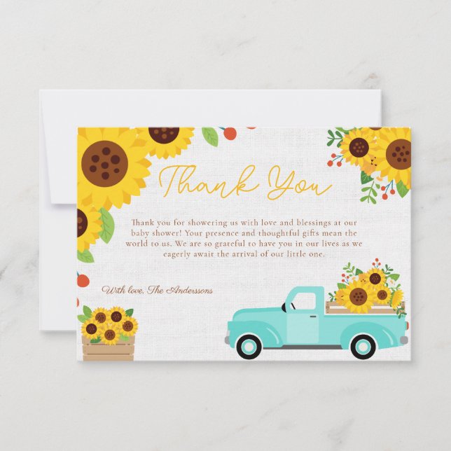 Carte De Remerciements Camion Baby shower de tournesol Automne (Devant)