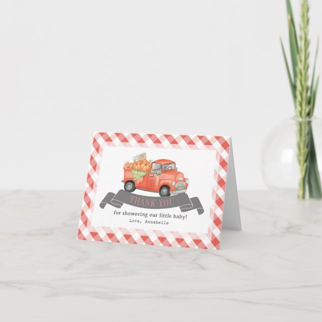 Carte De Remerciements Camion Citrouille rouge En vichy Baby shower (Devant)