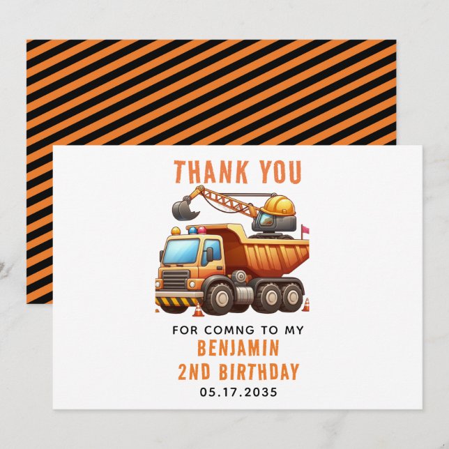 Carte De Remerciements Camion de vidange d'équipage de construction 2e an (Devant / Derrière)