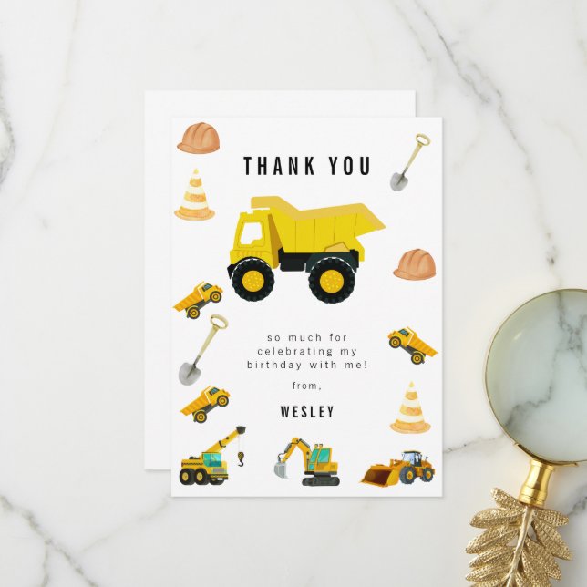 Carte De Remerciements Camions de chantier pour l'anniversaire (Devant/Arrière en situation)