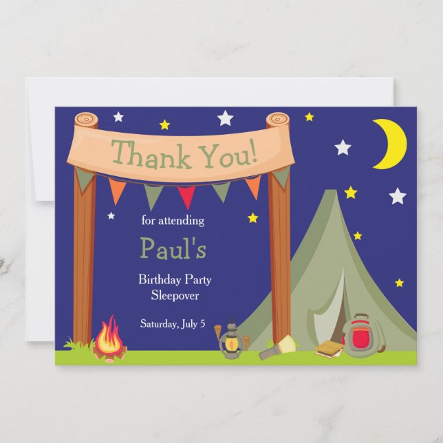 Carte De Remerciements Camping Anniversaire fête Dormir Khaki Vert (Devant)