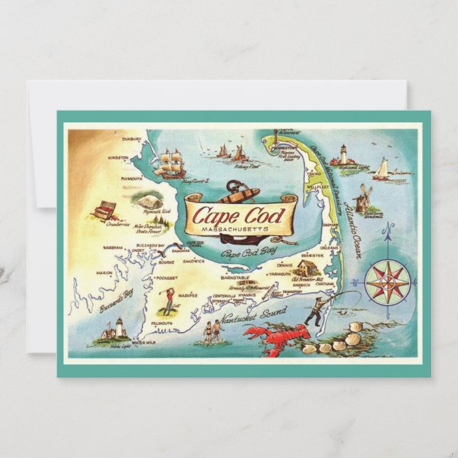 Carte De Remerciements Cape Cod Massachusetts 5x7 Map Postcard (Devant)