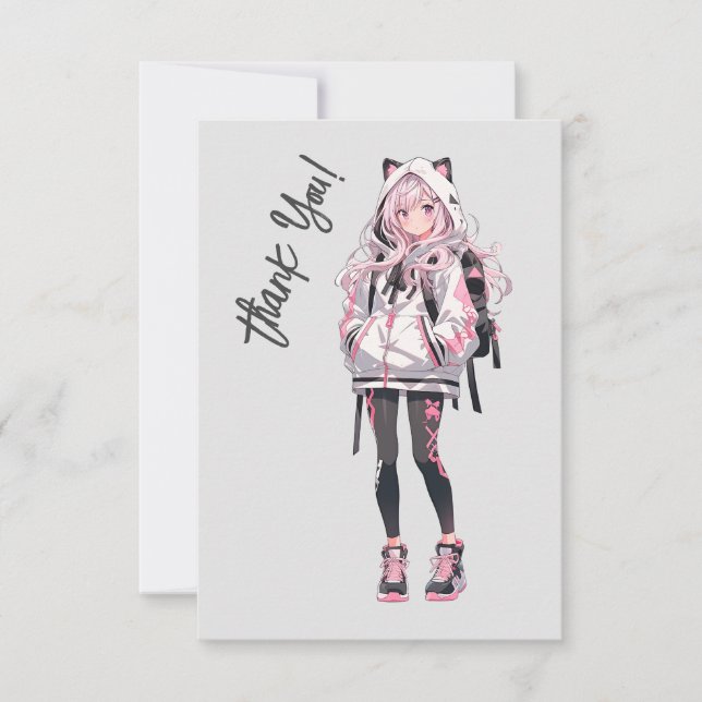 Carte De Remerciements Caractère fille Anime Neko Kawaii (Devant)