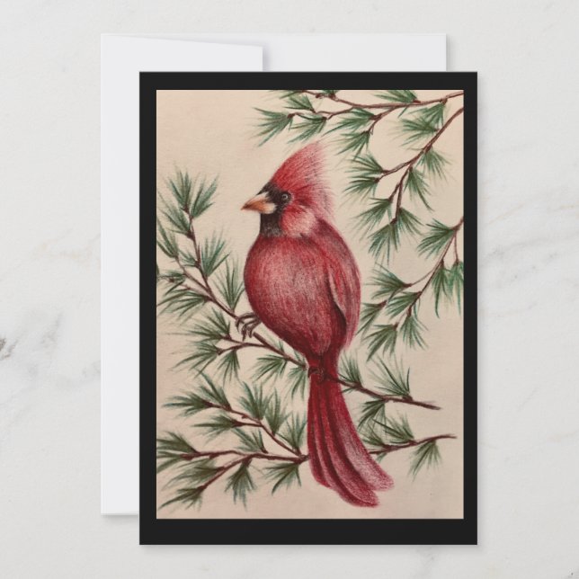 Carte De Remerciements Cardinal rouge et pins (Devant)