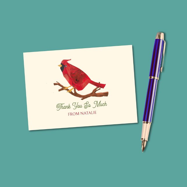 Carte De Remerciements Cardinal Rouge Inspiré Au Milieu Du Siècle Illustr (This bright red cardinal is my own original art. Your personalization appears in retro typography.)
