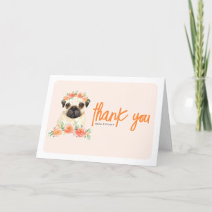 Carte De Remerciements Carlin d'aquarelle et fleurs de pêche Chien Annive
