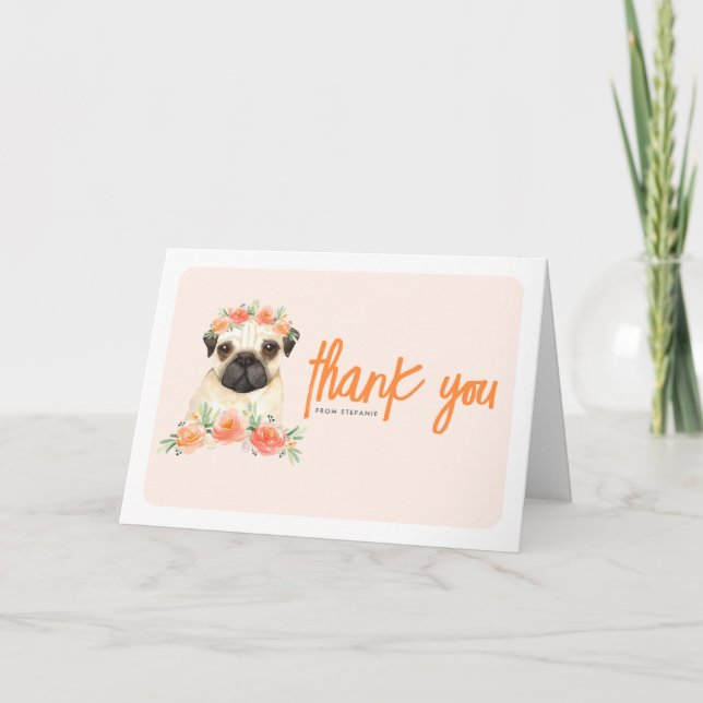 Carte De Remerciements Carlin d'aquarelle et fleurs de pêche Chien Annive (Devant)