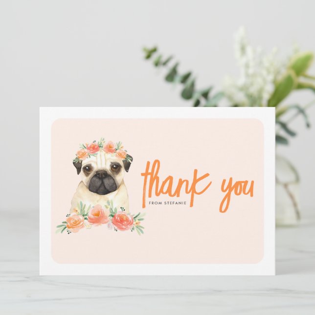 Carte De Remerciements Carlin d'aquarelle et fleurs de pêche fête d'anniv (Debout devant)