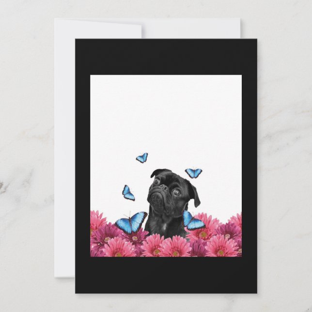 Carte De Remerciements Carlin Noir Avec Papillons Bleus Et Gerberas (Devant)