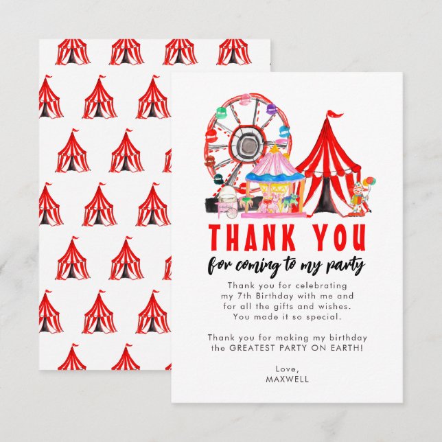 Carte De Remerciements Carnaval Cirque Clown Ballon Festival Anniversaire (Devant / Derrière)