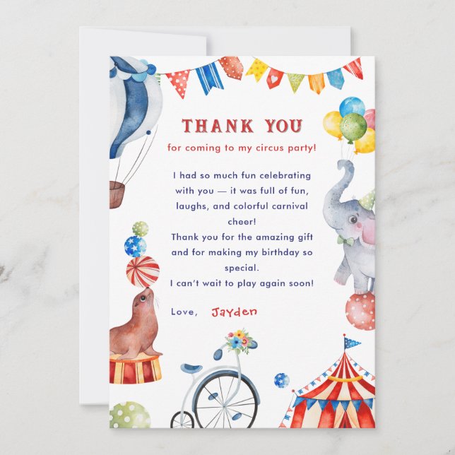 Carte De Remerciements Carnival Animal Circus Birthday Thank You Card (Devant)