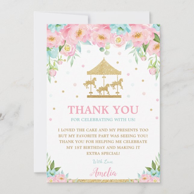 Carte De Remerciements Carousel Merry Go Round Pink Mint Floral Anniversa (Devant)
