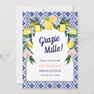 Carte De Remerciements Carreaux bleus Citron Grazie Mille Fête des mariée