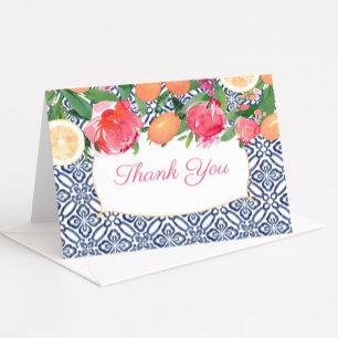 Carte De Remerciements Carreaux bleus méditerranéens roses et orange pour