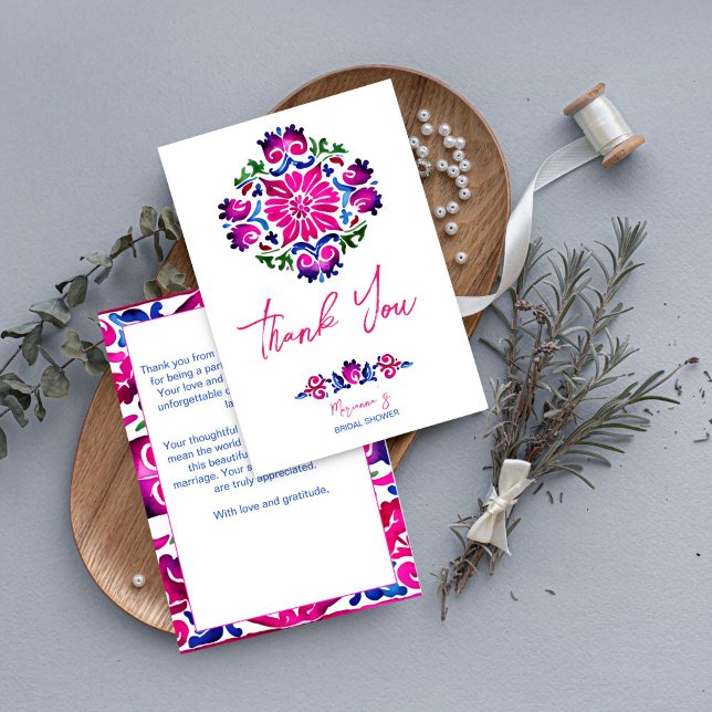 Carte De Remerciements Carreaux mexicains roses bleus remerciement de sho (Pink blue Mexican Spanish talavera tiles bridal shower thank you card wedding thank you card)