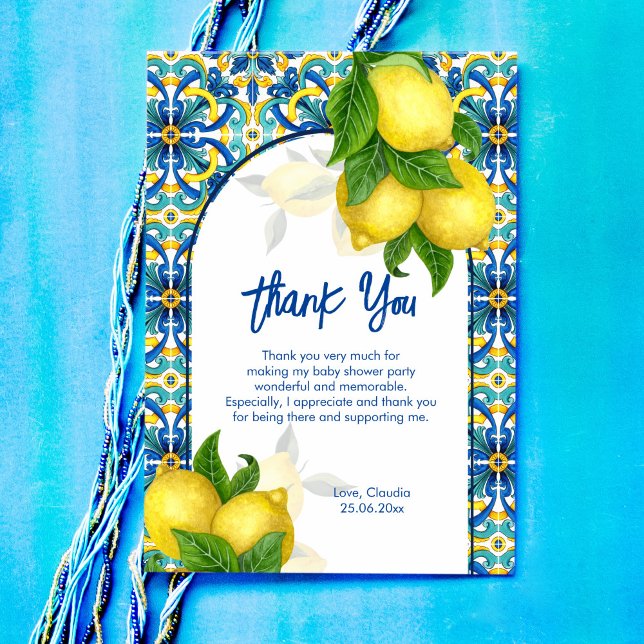 Carte De Remerciements Carrelage bleu citron Amalfi Positano baby shower (Créateur téléchargé)