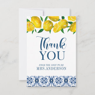 Carte De Remerciements Carrelage bleu italien Fête des mariées citron Mer
