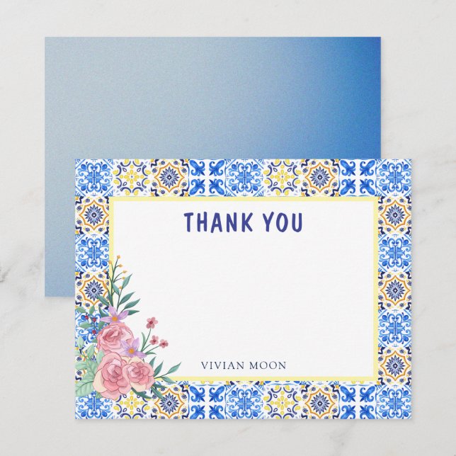 Carte De Remerciements Carrelage bleu italien Mamma Mia Blond (Devant / Derrière)